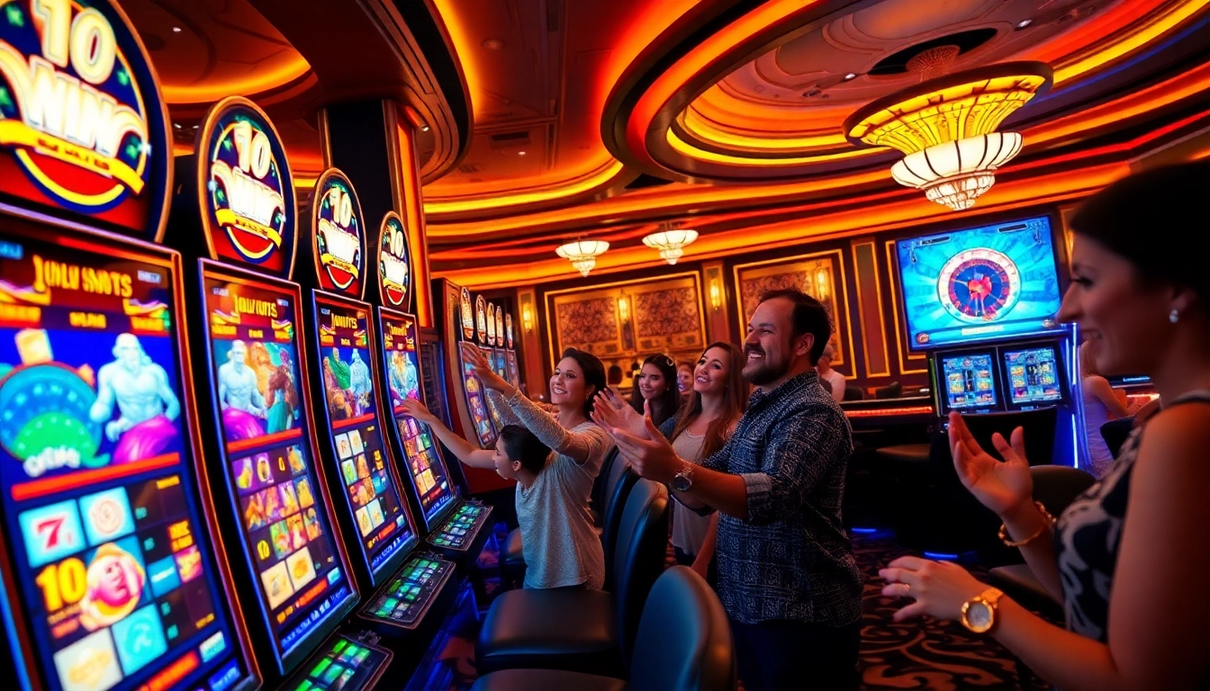Players enjoying the Slot Zeus machine with vibrant colors and casino excitement.
