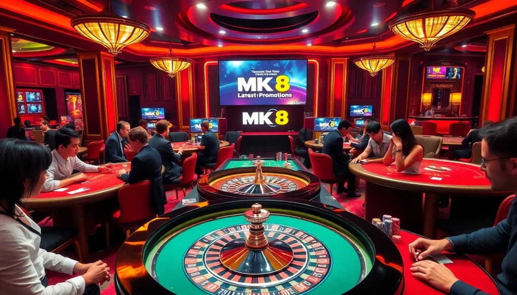 Engaged players enjoying casino games at MK8, with roulette and poker tables highlighted.