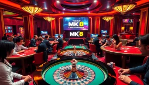 Engaged players enjoying casino games at MK8, with roulette and poker tables highlighted.