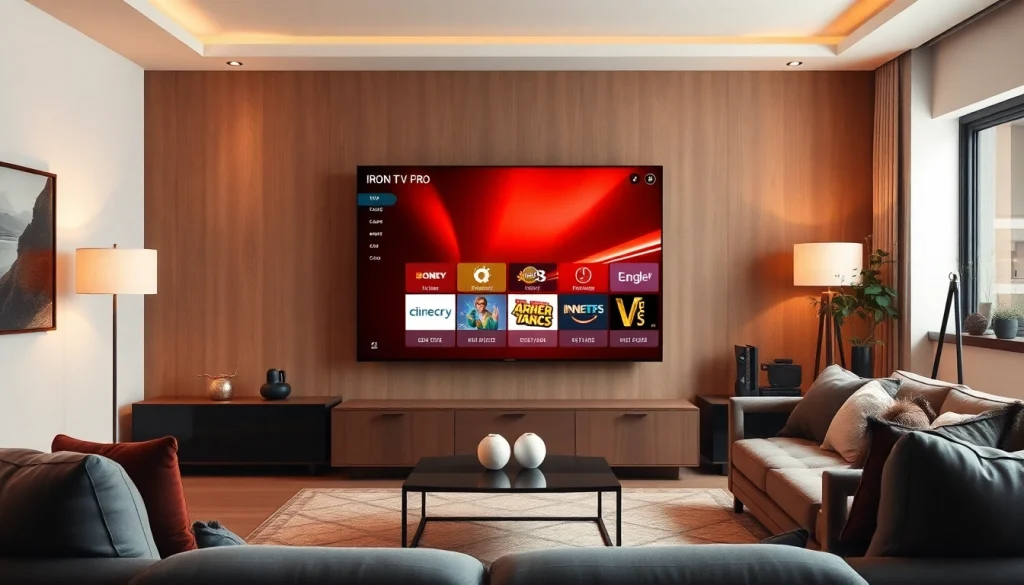 Iron TV Pro streaming interface displayed on a modern TV in a cozy living room.