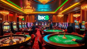 Engaging gambling scene at BK8 เว็บตรง showcasing luxury casino games with players enjoying their bets.