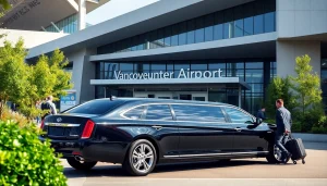 Experience luxury with a limousine service Vancouver airport at the entrance of a busy terminal.