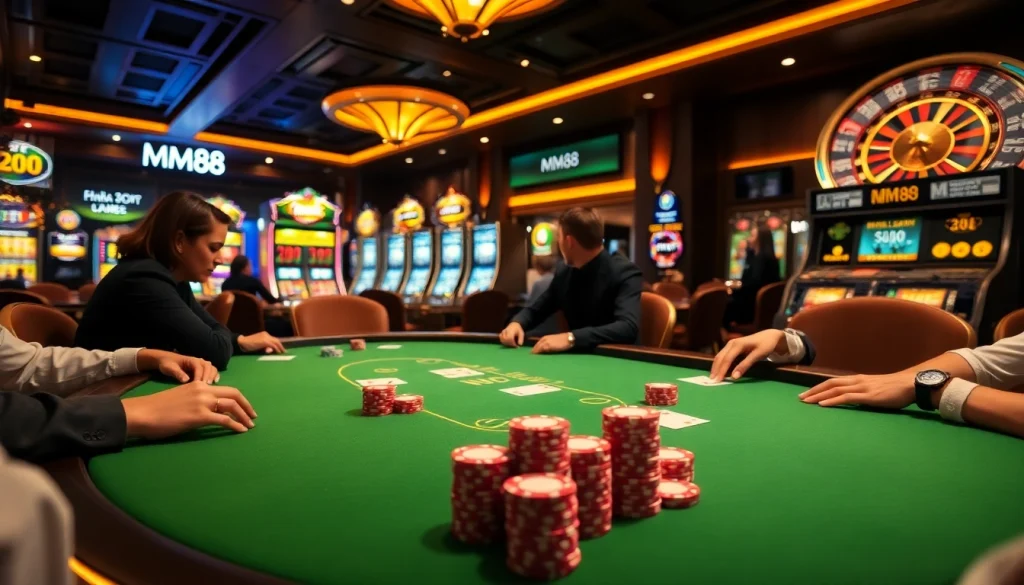 Experience high-stakes poker at MM88 casino with vibrant chips and luxurious surroundings.