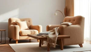 Een sfeervolle inrichting met elegante bouclé stoffen meubels en zachte kleuren.