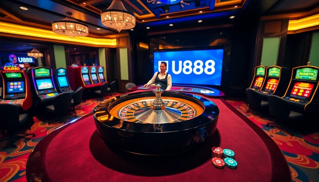 U888 casino table with professional dealer and vibrant roulette wheel in a luxurious setting.