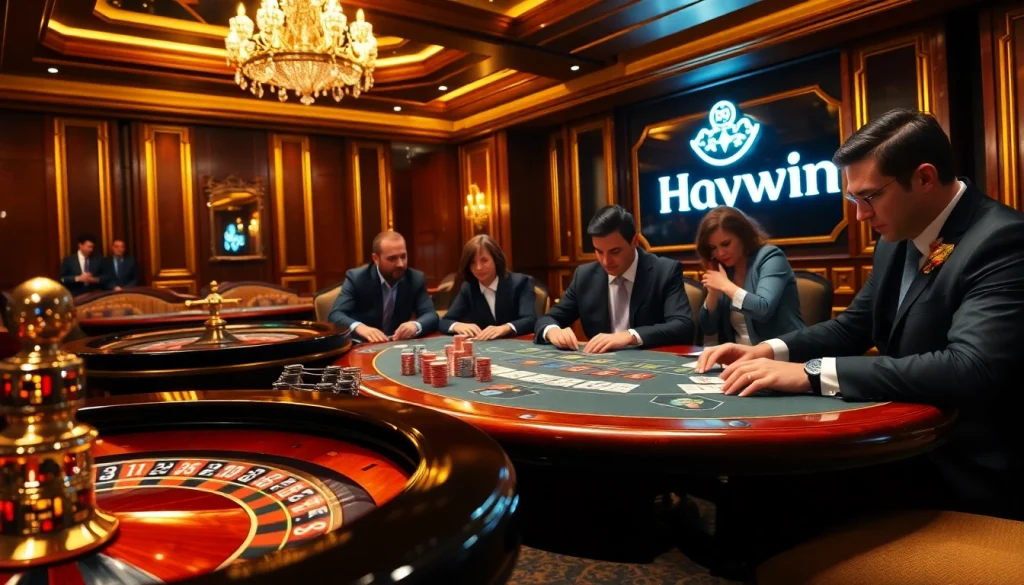 Haywin casino table gameplay with players, poker chips, and roulette wheel.