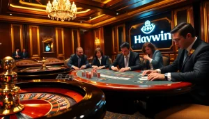 Haywin casino table gameplay with players, poker chips, and roulette wheel.