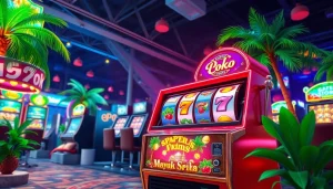 Menampilkan permainan qqpulsa yang bercahaya dengan slot mesin penuh warna.