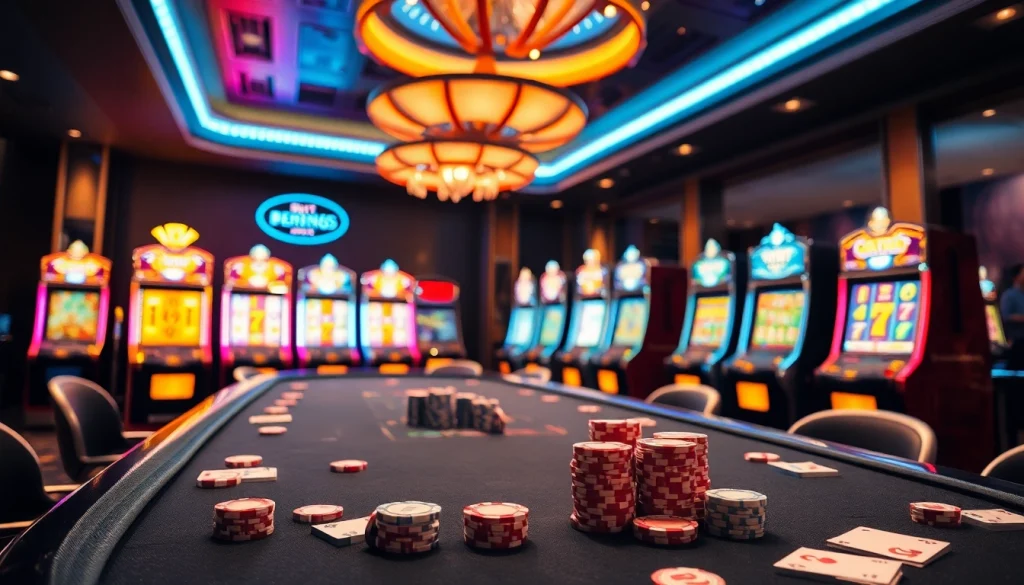 Menggambarkan slot deposit 1000 dengan mesin slot berwarna-warni dan suasana kasino yang ceria.