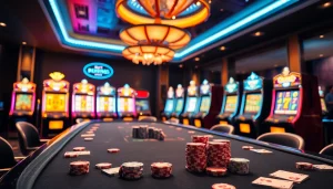 Menggambarkan slot deposit 1000 dengan mesin slot berwarna-warni dan suasana kasino yang ceria.