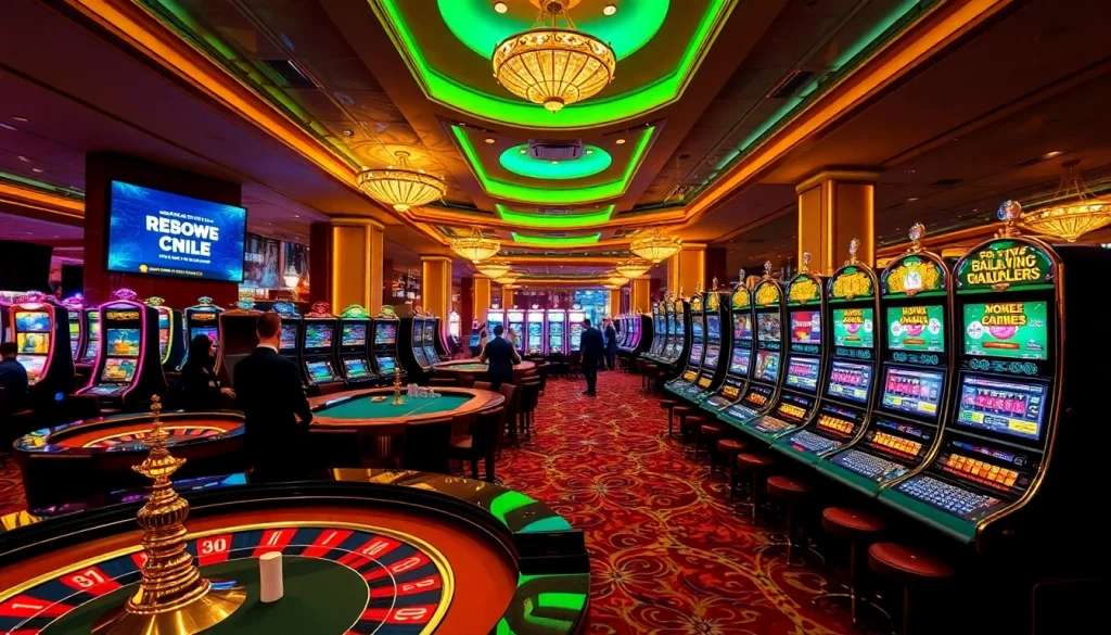 Dynamic casino scene at https://rr88co.net/ featuring roulette and slot machines with excited players.