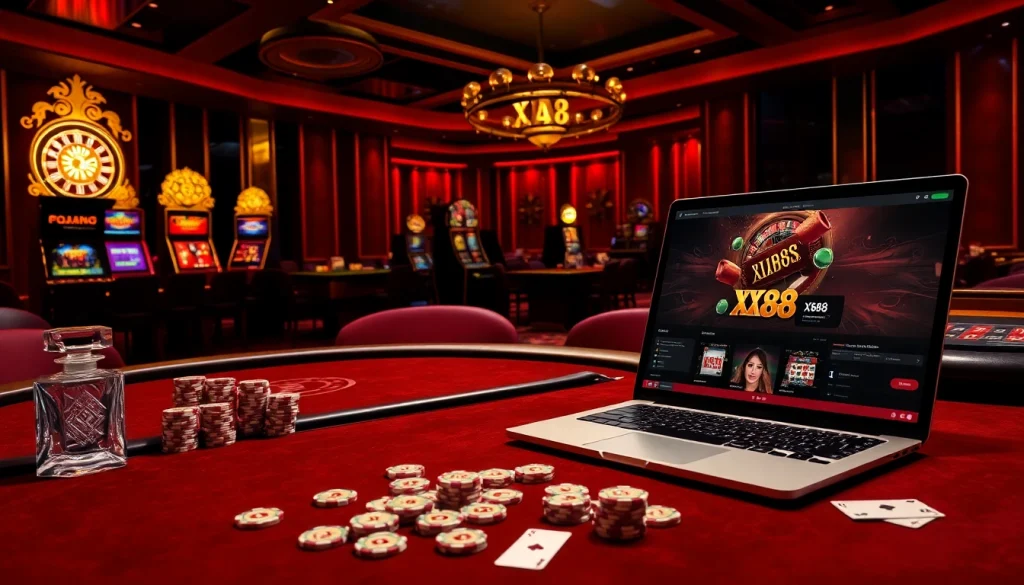 Experience luxury gaming at XX88 with poker tables, slot machines, and vibrant casino interfaces.