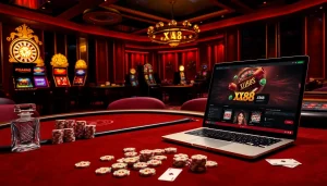 Experience luxury gaming at XX88 with poker tables, slot machines, and vibrant casino interfaces.