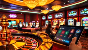 KKWIN live gaming experience featuring a vibrant casino scene with roulette, poker, and slots