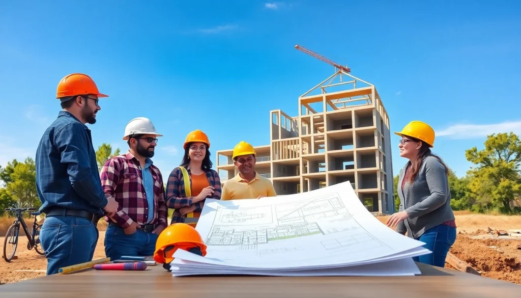 Builders collaborating on construction plans with Texas association of builders team spirit.