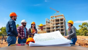 Builders collaborating on construction plans with Texas association of builders team spirit.