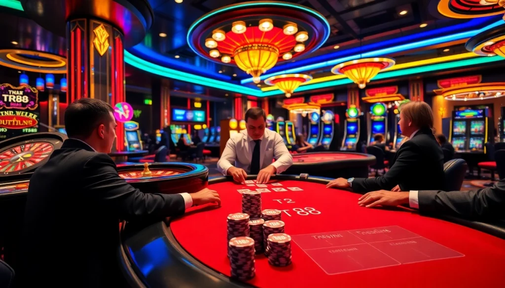 Players enjoying high-stakes games at a luxurious casino featuring TR88-themed poker chips.