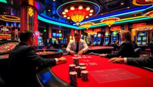 Players enjoying high-stakes games at a luxurious casino featuring TR88-themed poker chips.