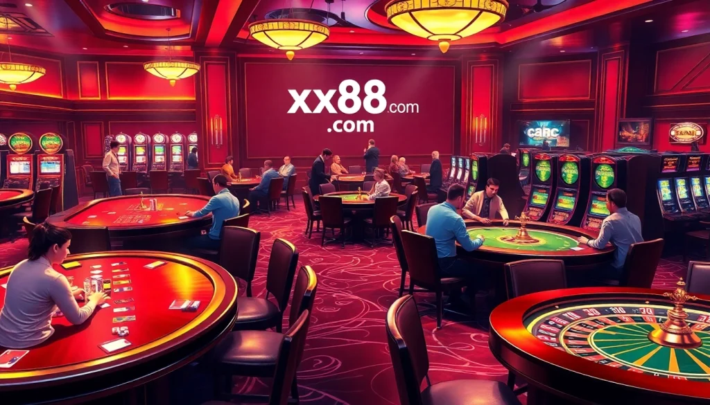 Experience the excitement of xx88 com with a vibrant casino scene showcasing poker tables and roulette wheels.