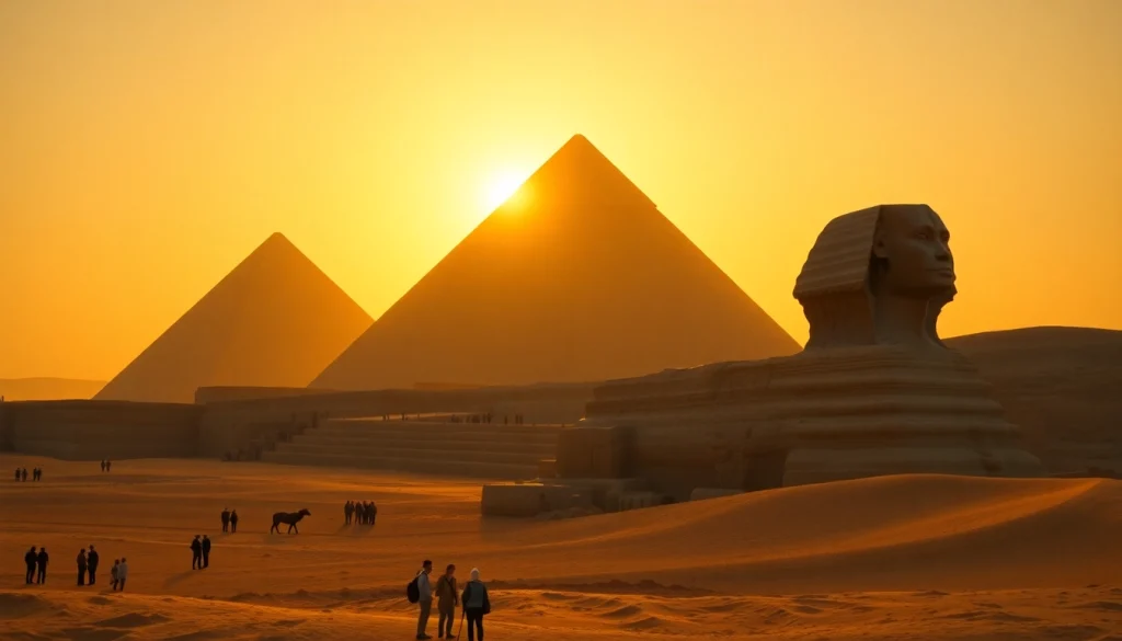 Pyraminds towering majestically under a golden sunset, showcasing their ancient grandeur.