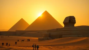 Pyraminds towering majestically under a golden sunset, showcasing their ancient grandeur.