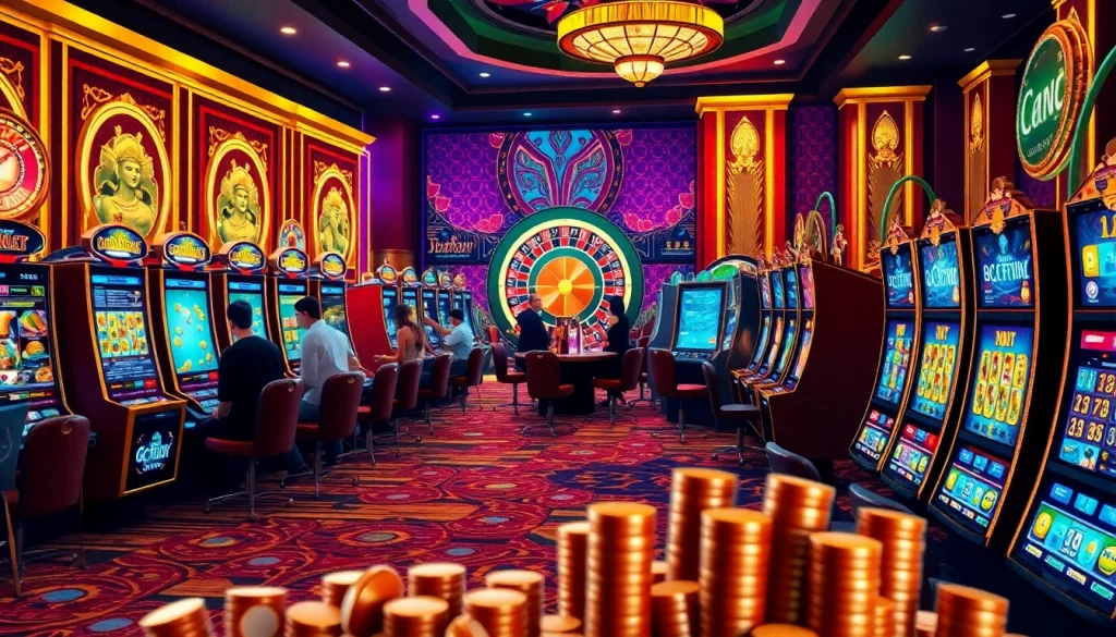 Players enjoy slot machines at Onicplay's exciting casino environment, surrounded by vibrant colors and luxe decorations.