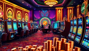 Players enjoy slot machines at Onicplay's exciting casino environment, surrounded by vibrant colors and luxe decorations.