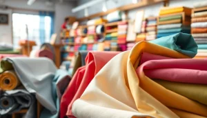 Bekijk verschillende kleuren en patronen van poplin stoffen in een stoffenwinkel.