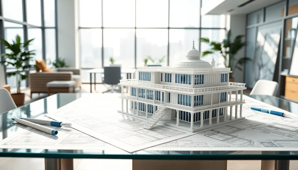 Architekturmodellbau Essen: Detailliertes architektonisches Modell auf einem modernen Tisch in einem hellen Büro.