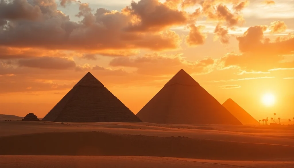 Explore the majestic piraminds of Egypt against a vibrant sunset