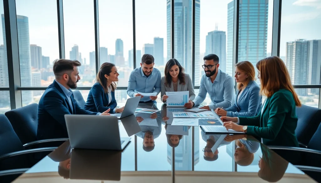 Analyze growth strategy trends with a diverse business team collaborating in a modern office.