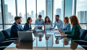 Analyze growth strategy trends with a diverse business team collaborating in a modern office.