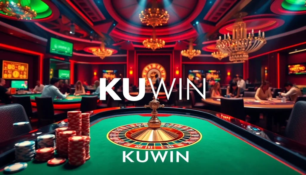 KUWIN gaming scene with players at tables, vibrant casino elements highlighting online excitement.