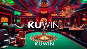 KUWIN gaming scene with players at tables, vibrant casino elements highlighting online excitement.