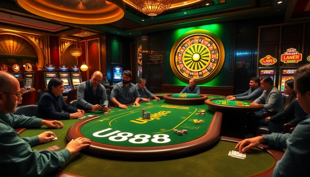 Engaged players at a luxurious U888 casino gaming table enjoying poker and blackjack.