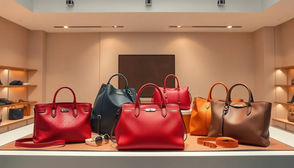 명품 이미테이션 가방과 액세서리가 스타일리시하게 진열된 부티크 모습