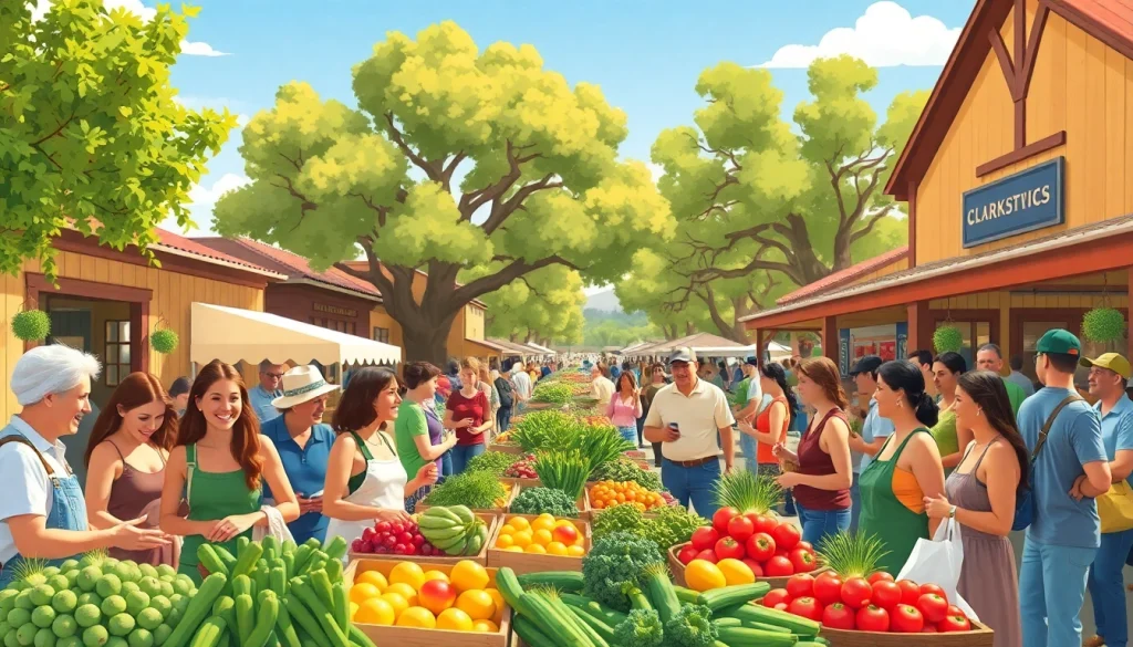 Clarksburg CA community vibrant farmers' market bustling with people and fresh produce.