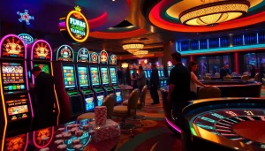 Adegan kasino yang menarik menampilkan kegembiraan deposit slot 1K dengan mesin berwarna cerah dan pemain.