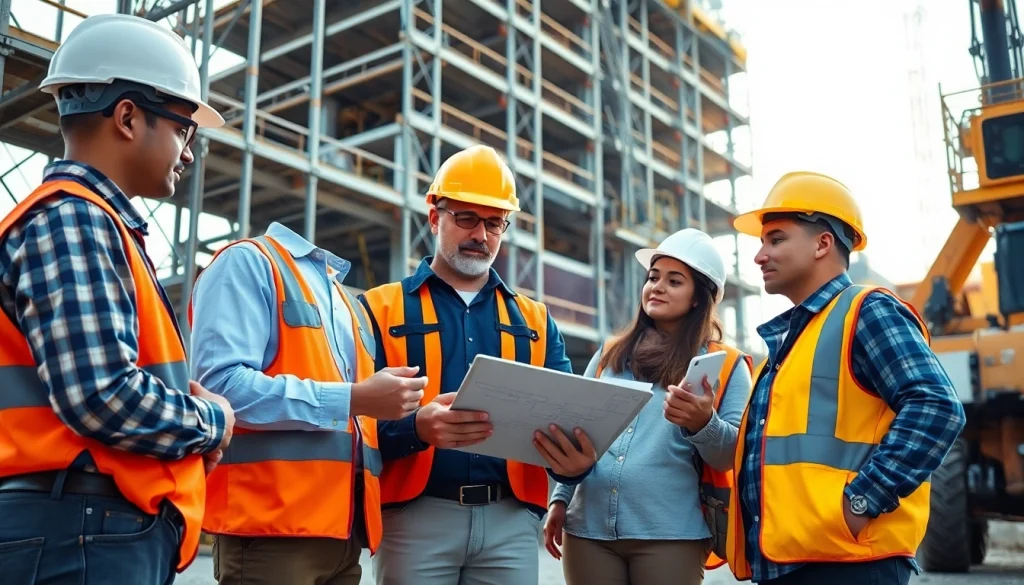 Engaged workers in construction workforce development discussing plans on-site.