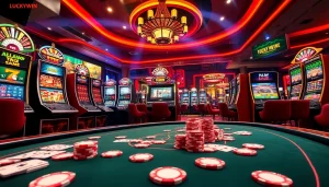 High-stakes gambling scene highlighting LUCKYWIN with vibrant tables and exciting slot machines.