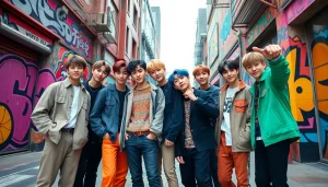 BTS members showcasing their distinctive styles and expressions in a lively urban backdrop.