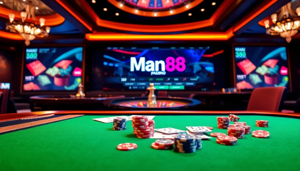 Experience thrilling games at Man88's professional casino table with vibrant poker chips and roulette.