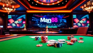 Experience thrilling games at Man88's professional casino table with vibrant poker chips and roulette.