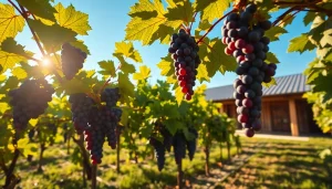 View of Winery Sacramento with ripe grapes and a rustic tasting room in the background.