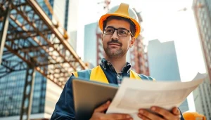 New Jersey Construction Manager assessing plans at a vibrant construction site.