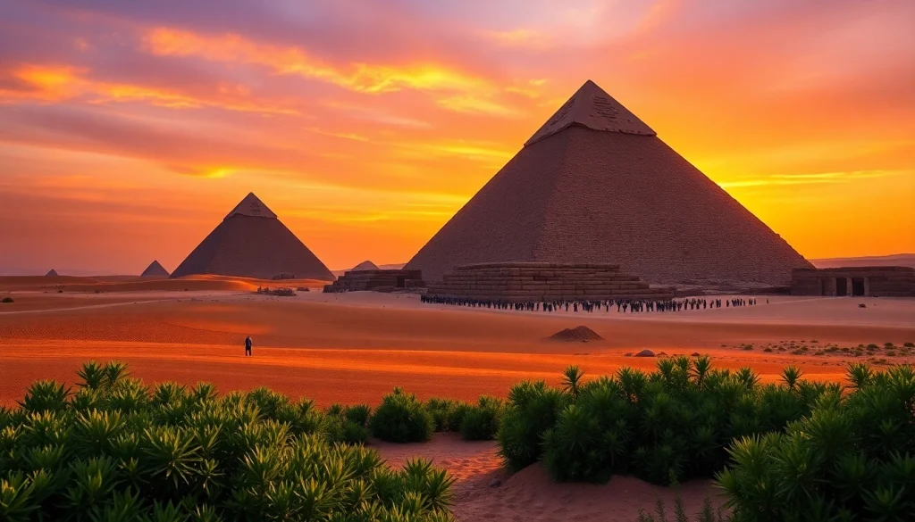 Captivating view of piraminds against a vibrant sunset sky.