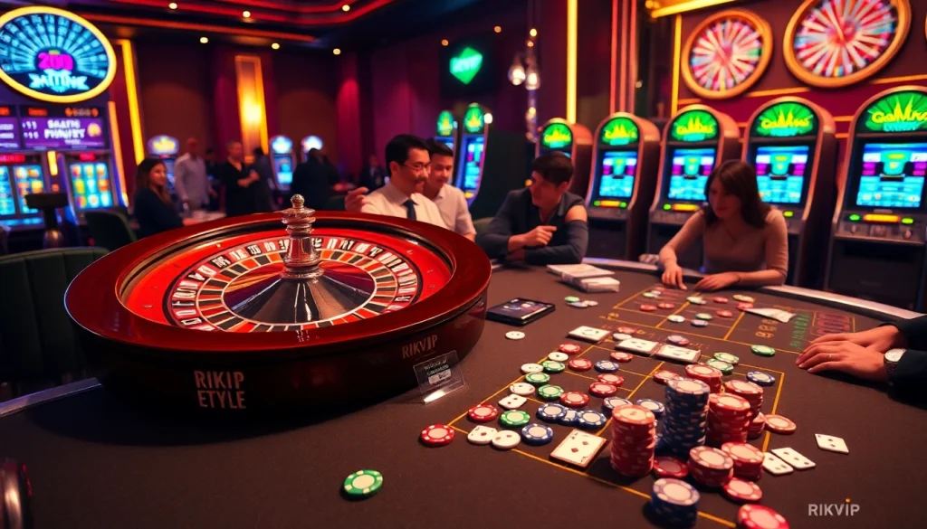 Engaging players at rikvip casino enjoy a thrilling roulette game amidst a lively atmosphere.
