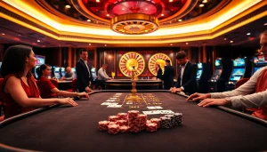 SODO-themed gaming scene with professional gamblers at a luxurious casino table, engaging in poker and roulette.