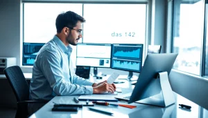 Engineer analyzing das 142 data in a modern office with charts and graphs.