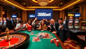 Gambling excitement at 388bet with players at roulette and poker tables